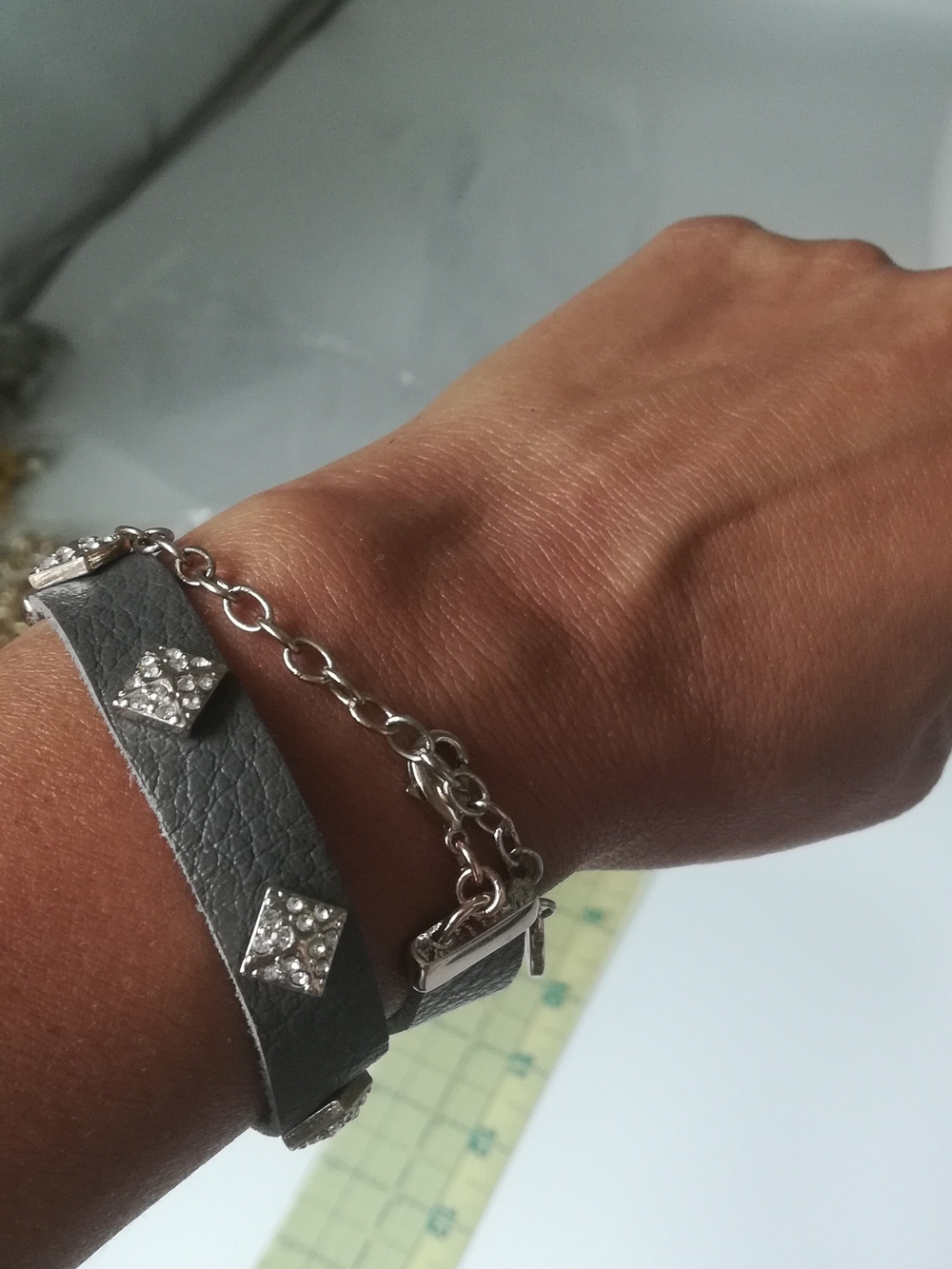 Grey Leather and Silver Chain Women's Bracelet
